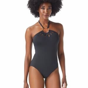 Vince Camuto Logo Ring Cut Out Halter One Piece swimsuit black - 12
